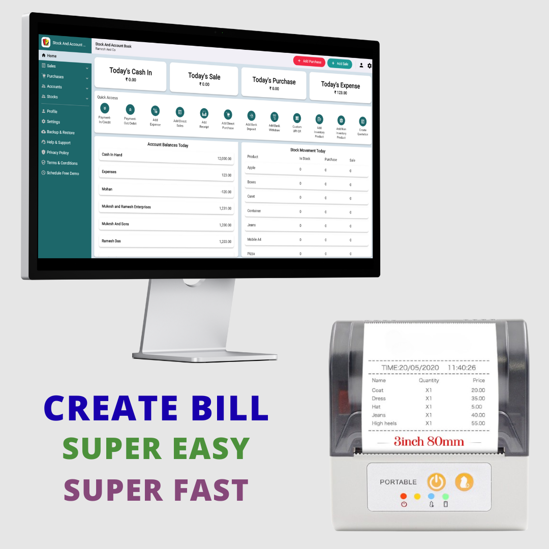 ASOL 3inch Portable Receipt Printer with Billing Software | 80mm Receipt Printer with Autocutter