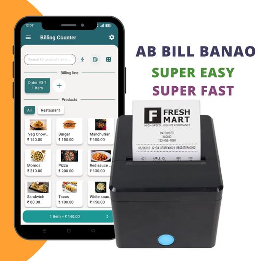 ASOL307 3inch Receipt Printer with Billing App | 80mm Receipt Printer | Mobile Billing Machine