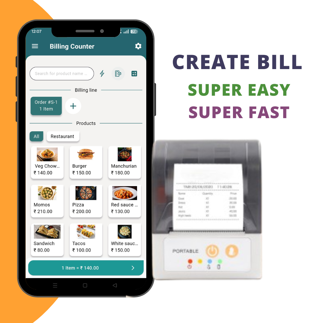 ASOL201 2inch Portable Receipt Printer with Billing App | 58mm Portable Receipt Printer | Mobile Billing Machine