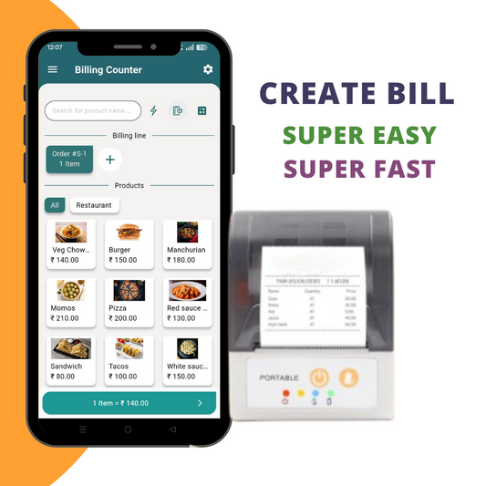 ASOL201 2inch Portable Receipt Printer with Billing App | 58mm Portable Receipt Printer | Mobile Billing Machine