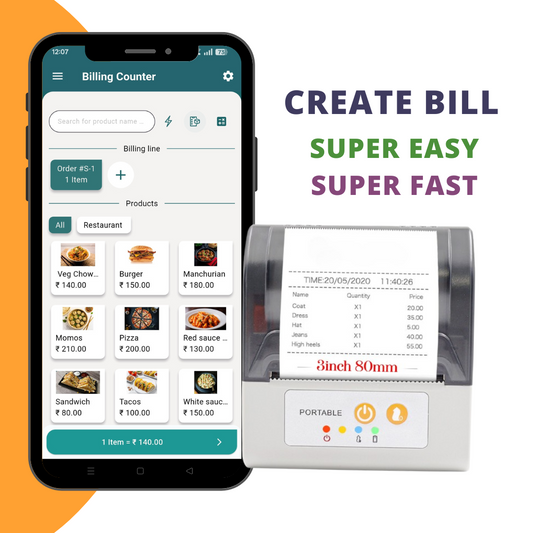 ASOL301 3inch Portable Receipt Printer with Billing App | 80mm Portable Receipt Printer | Mobile Billing Machine